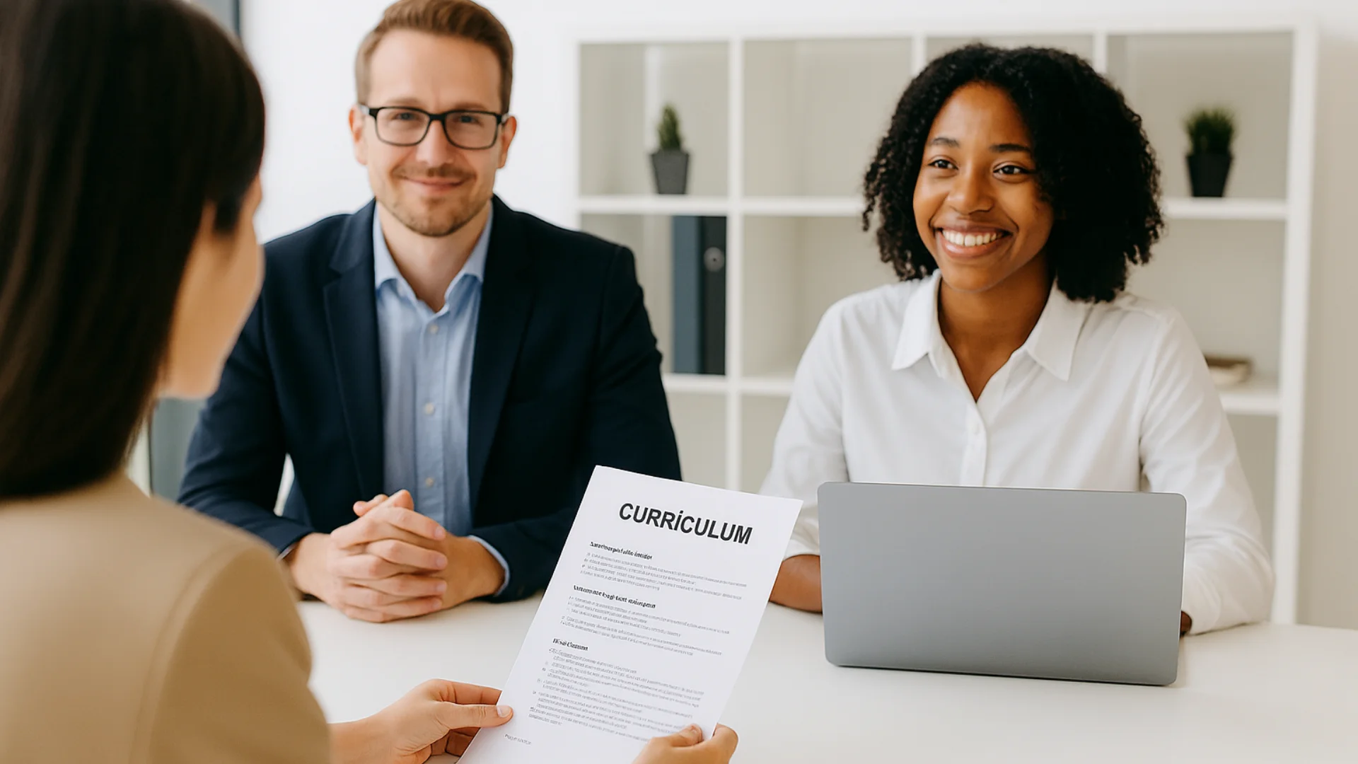 entrevista de trabajo con revisión de currículum en español Consultores de recursos humanos entrevistando a una candidata que presenta su currículum en español