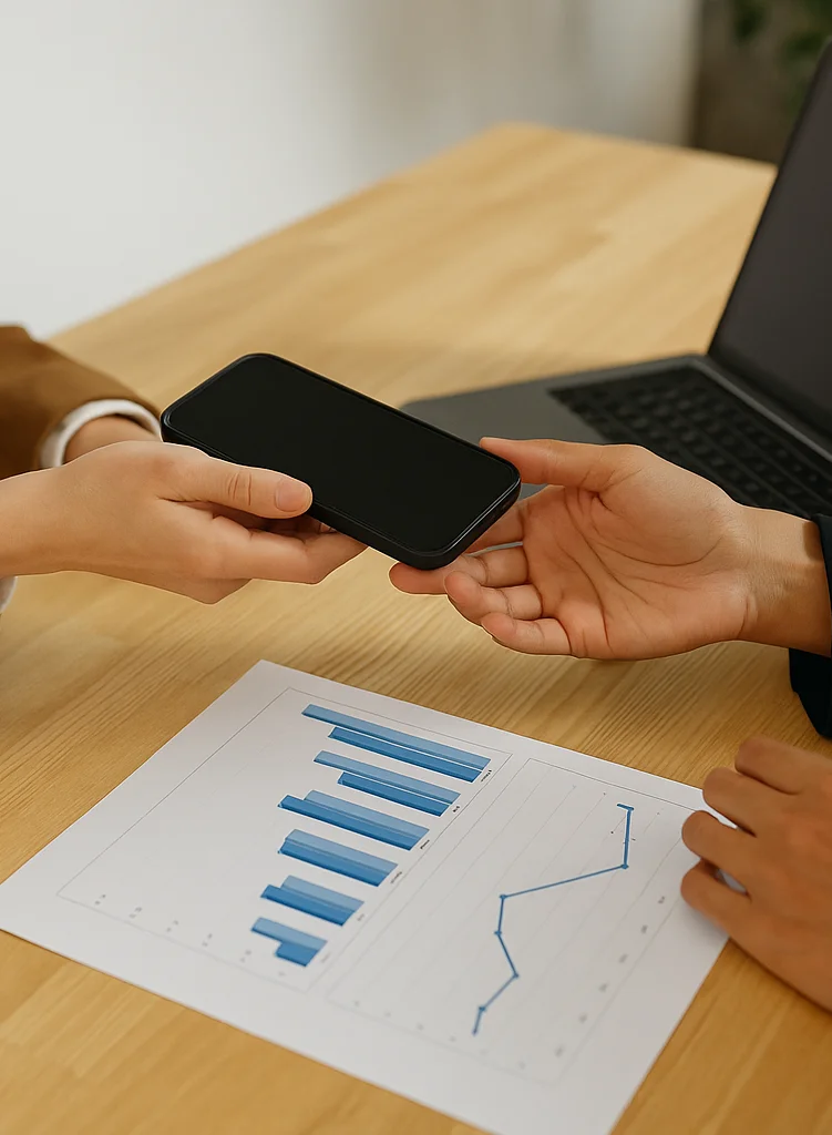 Dos personas en una mesa de oficina compartiendo información con ordenador portátil y teléfono móvil, colaboración profesional