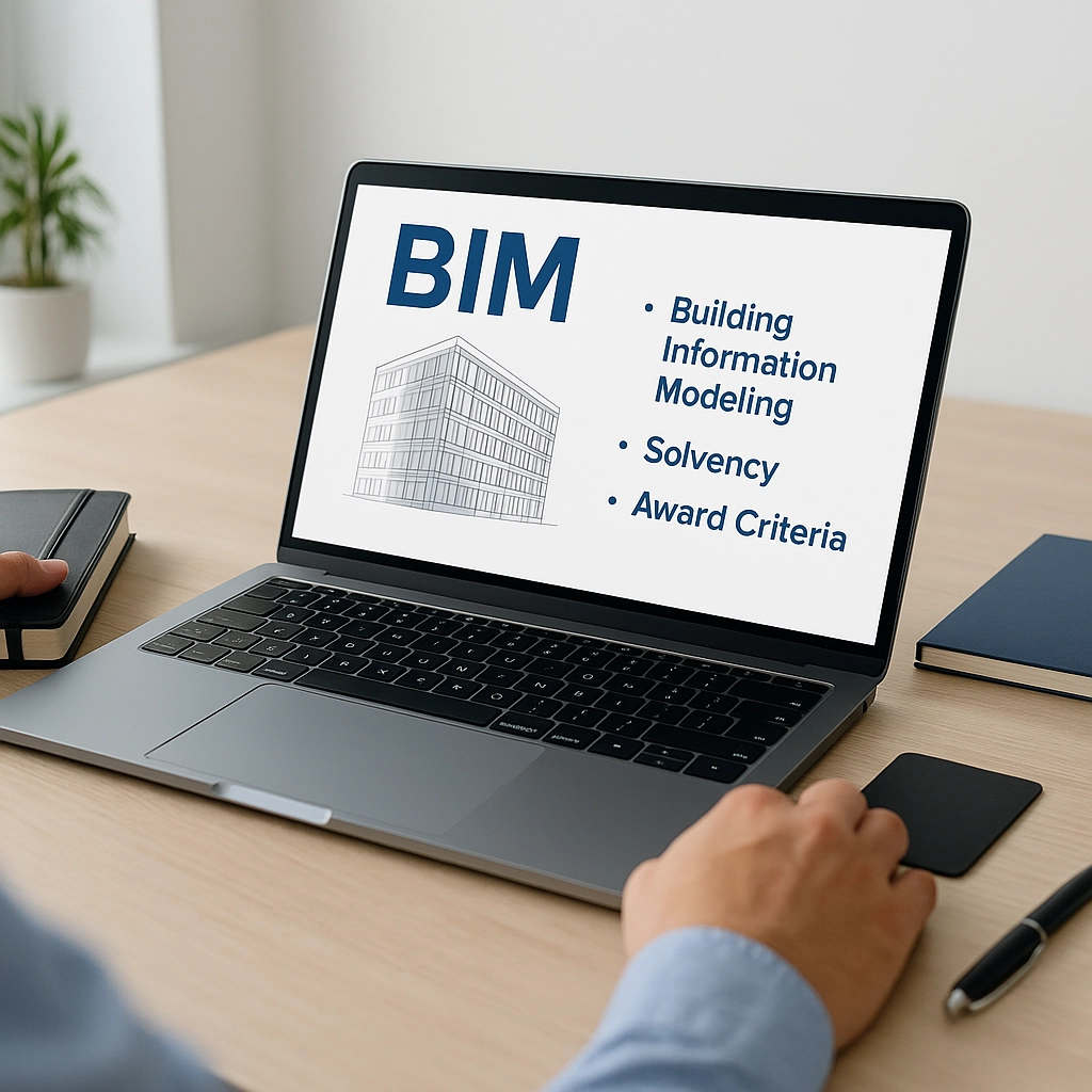 metodología bim en la contratación pública Profesional trabajando en un ordenador con un modelo 3D de edificio en software BIM, en un entorno de oficina con luz natural